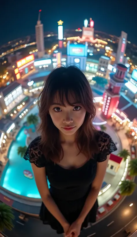 live-action、Real、USJ seen from above with a fisheye lens looks like a small planet、Night view、A cute and beautiful Japanese girl standing there 、Black lace dress
