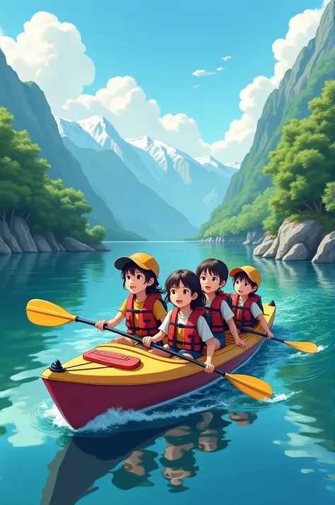 4girl and 5boys in kayak
