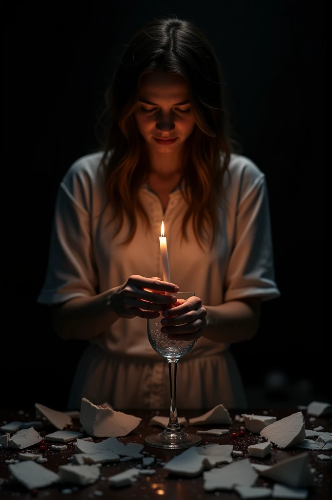 A broken wine glass with black background and in one hand a girl is holding a candle and from next hand she is fixing a wine glass