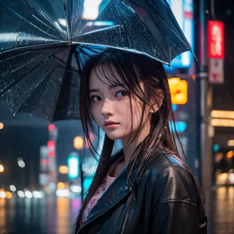 8k, RAW Photos, Best Quality, masterpiece:1.2),(Realistic, photo-Realistic:1.37),tokyo street,night, rain, Wet,Streetscape,night, Cyberpunk City,Soft light, 1 girl,,  has a very beautiful face  ,bust,Put your hands down,Random hairstyle, random hair color,...