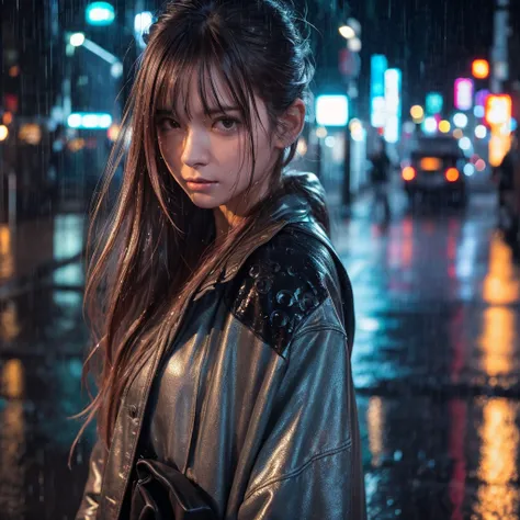 8k, RAW Photos, Best Quality, masterpiece:1.2),(Realistic, photo-Realistic:1.37),tokyo street,night, rain, Wet,Streetscape,night, Cyberpunk City,Soft light, 1 girl,,  has a very beautiful face  ,bust,Put your hands down,Random hairstyle, random hair color,...