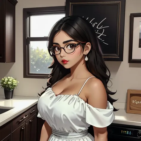 An adorable cute petite skinny slightly curvy chubby tan skin emo mexican teen, short wild volumetric hair, one wearing glasses, beautiful detailed brown eyes, cutely detailed lips, extremely cute detailed eyes and shy face, busty, voluptuous breasts, wide...