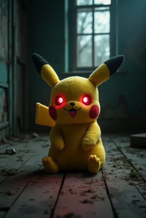 a haunted pikachu plushie, glowing red eyes, sitting in an abandoned room