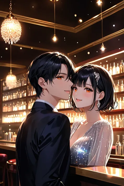 (masterpiece、最high quality、 High Resolution 、high quality、Aesthetic Sense：1.2)、( beautiful couple of men and women )、 straight short hair 、Bangs covering one eye、 shiny black hair 、 orange crystal eyes 、Upshot、A little sideways、Night Barのカウンターに座り、The two l...