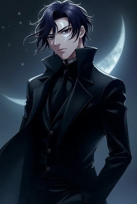 An anime-style male male male, with a black overcoat, black eyes with a silver border , wavy black hair and shiny silver locks, a silver moon mark shining on the face