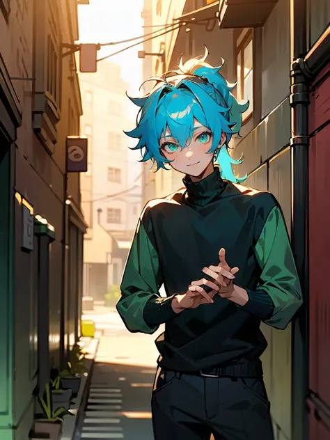 1male , Ponytail , Messy Hair , Blonde Hair , , Multicolored Hair , Oumbre Hair , Blue Highlighted Hair , Smiling Expression, Adult Male , Black fitted turtleneck Shirt , Glowing green eyes , Standing in alley , perfect generation , detailed background 