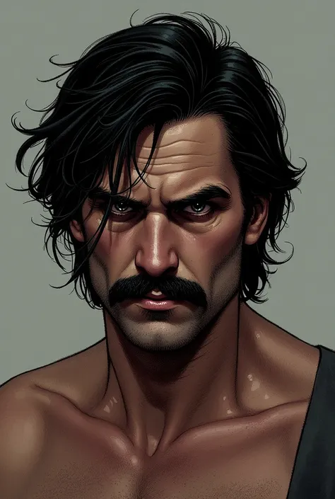 (masterpiece:1.2,Outstanding quality,Mirronish,Cinematic experience , best illustration :2.0),Ultra-high resolution,Super detailed,8k,wallpaper,(front:2.0),( American comics style:2.0),(draw a serious and poor man with a thin moustache, shirtless:2.0),(fro...