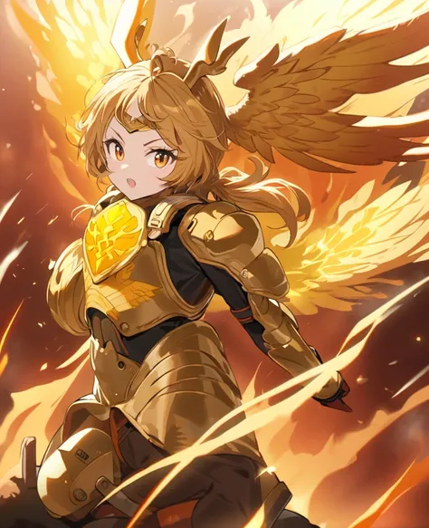  One Girl Rides on Phoenixs Back , Hornick Keeper , Hard Face,  Fire Suit with Golden Phoenix Emblem, Equip yourself with armor,  Phoenix with Shining Gold Wings , blazing flame background