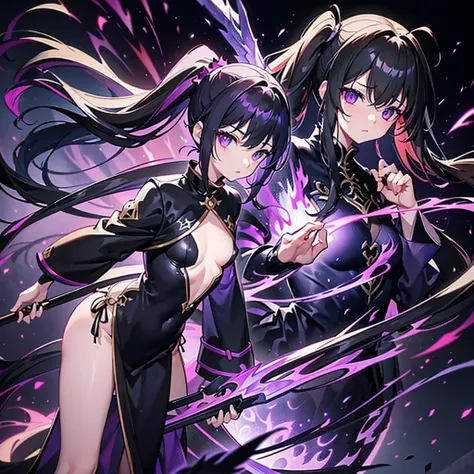 black purple fire 1 .9((alone))(long side ponytail 1.8)((small breasts1.8))young body 1.2、long black hair 1.5、purple eyes 1.5、1 ...