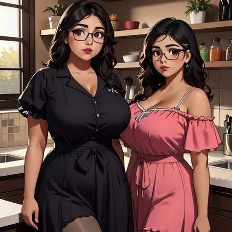 An adorable cute petite slightly curvy chubby tan skin emo mexican teen, short volumetric hair, one wearing glasses, beautiful detailed brown eyes, cutely detailed lips, extremely cute detailed eyes and shy face, busty, voluptuous breasts, wide curvy pears...