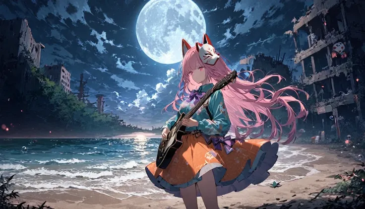 ( 1 girl, size), (guitar Alone), bubble skirt, aqua shirt, bow, bowtie, button, collared shirt, Expressionless,  eyebrows hidden in hair, fox mask,  cowboy shot that makes me dream violently, Long Hair, Long sleeve, mask, multicolored button, Pink Eyes, Pi...