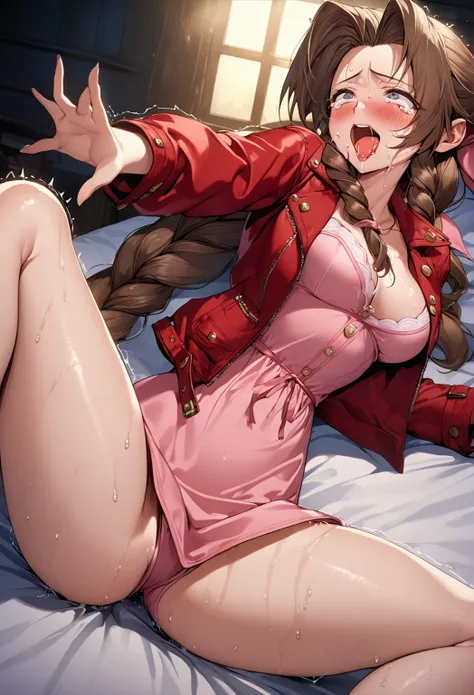 masterpiece, Best Quality, High resolution,16k,official art,super detailed skin,detailed,animated painting,(Aerith Gainsborough),1990s (style),(E-cup beautiful breasts)、 (tall:1.2),height: 175cm,Fashion model body type、Sexy long legs,Brown Hair,forehead,up...