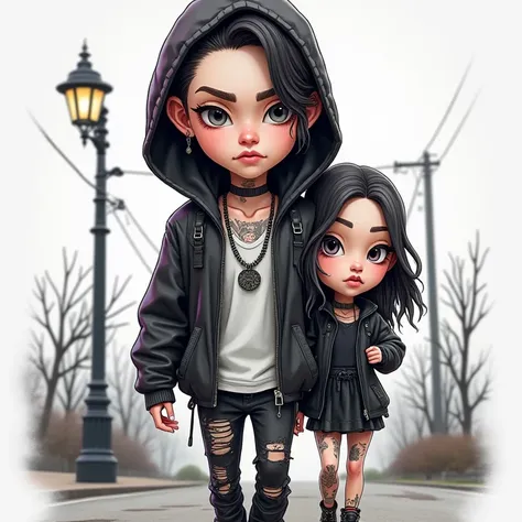 Create an image from a punk cartoon of a boy and a girl couple walking down the street picketed gothic style because the 3D design is a type of cyberpunk illustration more in a caricature tattooed and white perfect face and all in 3D High quality 8K the 2 ...