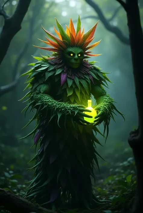 Plant person, covered in leaves, plant humanoid, green poisons leaves, purple leaves, orange leaves, in a dark forest, holding a green poison potion,  made of leaves