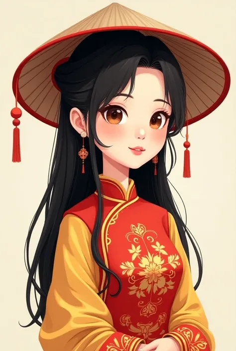 A woman vietnamese, wear ao dai, brown eye, long black hair, wear a conical vietnam hat, smiling, blushing, polite, cartoon style, facial angle face,sharp beauty