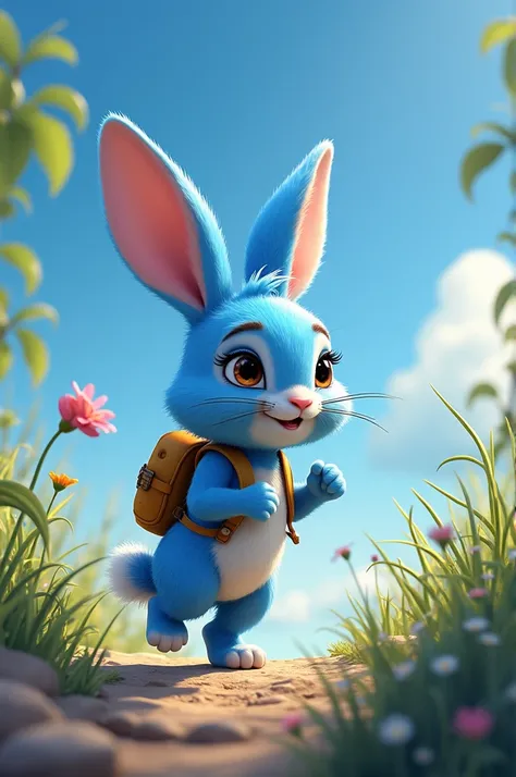 Create an image of the blue rabbit going on an adventure 