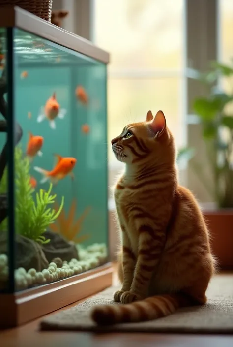 A ginger tabby looking to the fish aquarium, in the cozy house, natural light, details, photography 