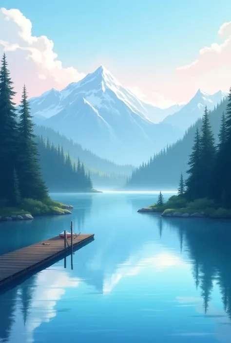 Serene anime-style landscape of a secluded mountain lake at dawn. Foreground features a crystal-clear lake with a small, worn wooden dock. Dense pine forest on both sides of the lake, with a lone canoe tied to the dock and a few wispy mist strands rising f...