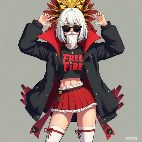  Female characters in the style of the game Free Fire ,  with white hair a golden and red dracula behind the hair ,  a white beard like the one in Free Fire ,  round black sunglasses ,  long sleeve short shirt and red glove , written in red on the chest  "...