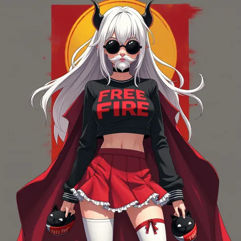  Female characters in the style of the game Free Fire ,  with white hair a golden and red dracula behind the hair ,  a white beard like the one in Free Fire ,  round black sunglasses ,  long sleeve short shirt and red glove , written in red on the chest  "...