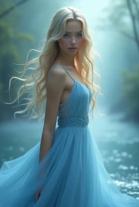 Beautiful girl where are , blonde with blue eyes, transparent blue dress.