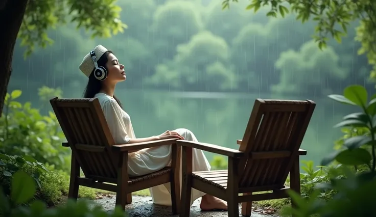 A beautiful goy lean on chairs use head phones close their eyes wearing Islamic cap and enjoying the listening at raining and enjoying nature scenery 