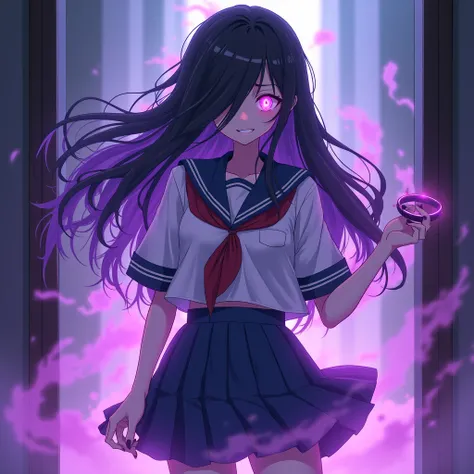  A daring and beautiful and confident ghost in the shape of a beautiful woman , her wet and disheveled hair falling over her face , hiding one of her eyes  .,A ghostly outfit including a Japanese schoolgirl outfit.  exuding a disturbing purple and sensual ...