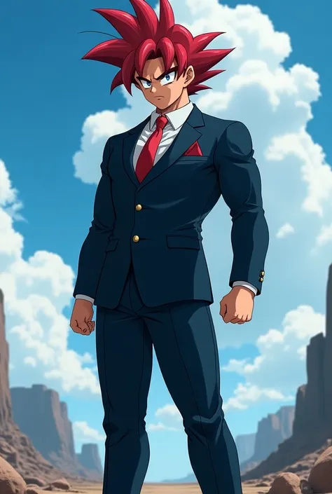 Goku with red hair and blue eyes and with formal dbs style suit , anime style , masterpiece,  Anatomically Correct , blue eyes, 