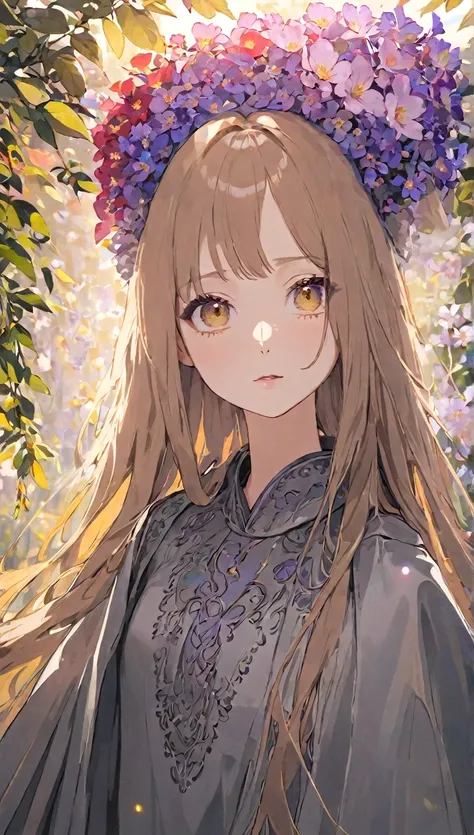 (masterpiece:1.2、Best Quality)、、Intricate details、One Girl、albino、Light brown eyes、Beautiful brown long hair 、 silk straight hair 、 twilight look 、 long grey poncho、(((Outdoor、Florid、Colorful flowers々)))、Natural Light、Dim lighting