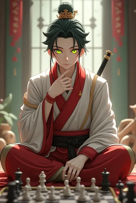 Chinese anime character 3D male glitter or eyes are yellow-green wearing a mixed white-red robe sitting in chess with a sword next to it