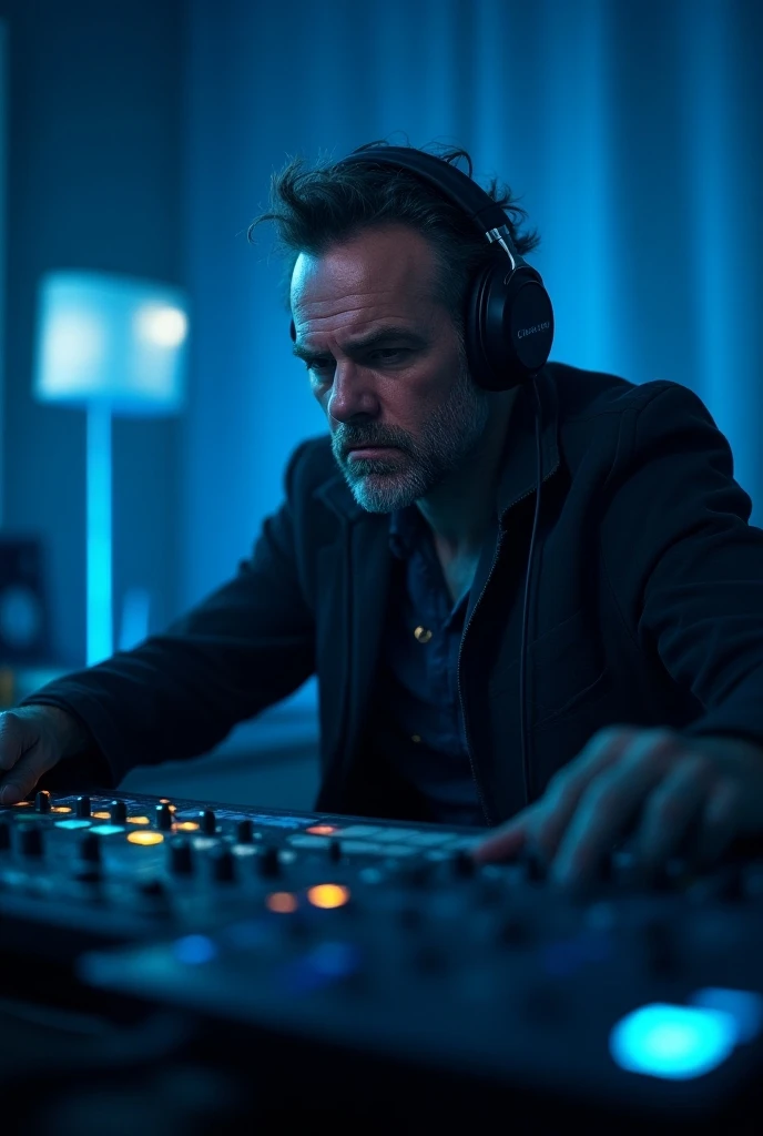 Trevor Philips with headphones in a studio with blue light