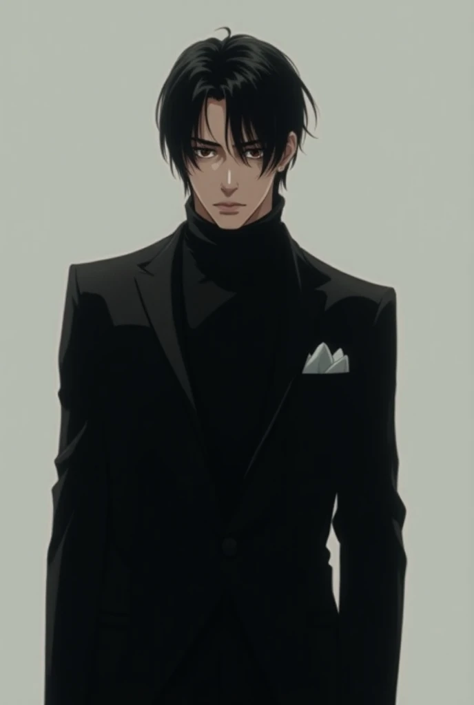 man in black suit,  straight black hair, With a thin face sideways looking forward