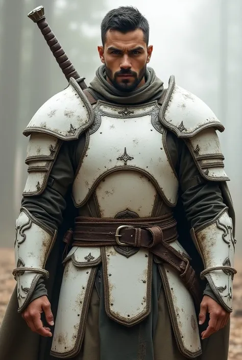 Man from 20 to 30 years old , short black military style hair, stubble,  wears large white armor with leather and cloth details,  uses a large sword on his back 