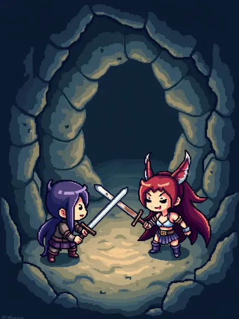 (Best Quality,Very detailed depiction, Incredible Hi-Res, pixel art),Deformed Characters,Chibi Character,Isometric view,Deep in the cave,Succubus and female swordsman are fighting,Screenshots of the game