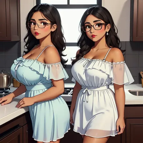 An adorable cute petite skinny slightly curvy chubby tan skin emo mexican teen, short wild volumetric hair, one wearing glasses, beautiful detailed brown eyes, cutely detailed lips, extremely cute detailed eyes and shy face, busty, voluptuous breasts, wide...