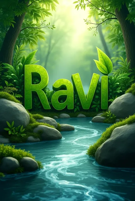 background nature river logo for my photo editing Name Ravi ; in big and capital green leaves