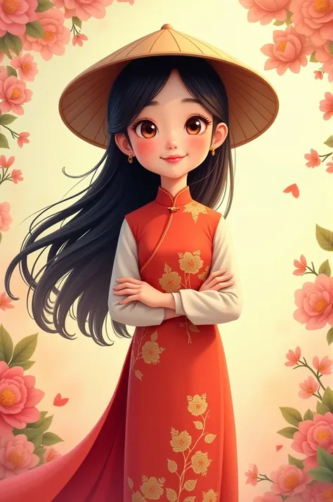 A girl vietnamese, wear ao dai, brown eye, long black hair, wear a conical vietnam hat, smiling, blushing, polite, cartoon style