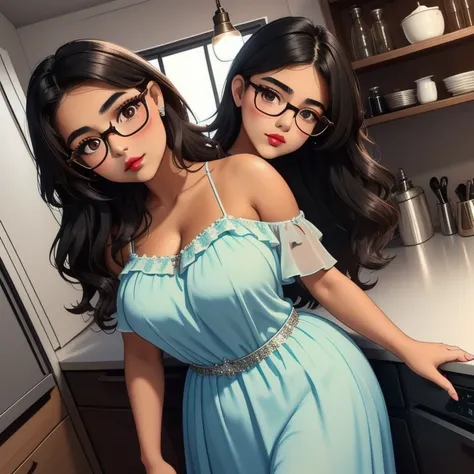 An adorable cute petite skinny slightly curvy chubby tan skin emo mexican teen, short wild volumetric hair, one wearing glasses, beautiful detailed brown eyes, cutely detailed lips, extremely cute detailed eyes and shy face, busty, voluptuous breasts, wide...