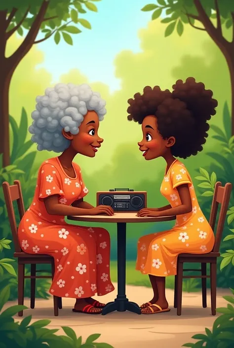 elderly black African mom with curly grey hair in a orange flower dress and her curly hair brown skin teenage granddaughter with a light orange flower dresses and sandals with a radio on the garden table seated opposite each other and a backyard garden bac...