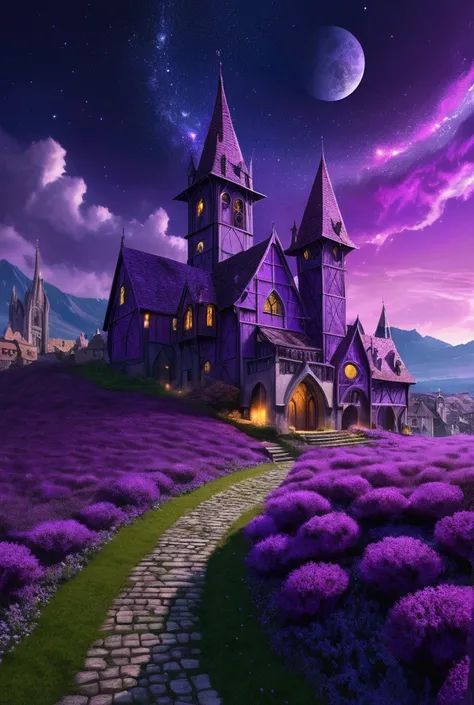  I want you to create a futuristic village with medieval Gothic architecture on a purple grassy field,  in an alternative world in space , The sky is the purple universe, There are several lights in the village , night atmosphere, dark fantasy art