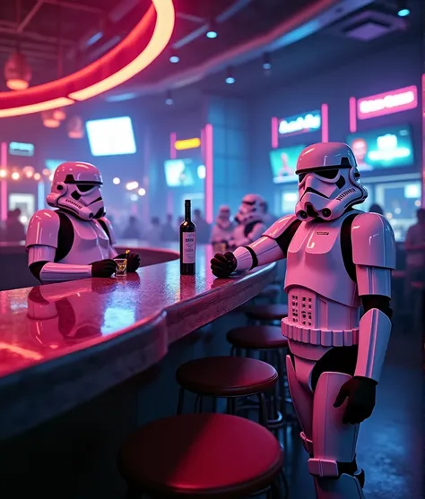 Star Wars World、Stormtroopers are drinking alcohol at the counter in a futuristic neon bar。