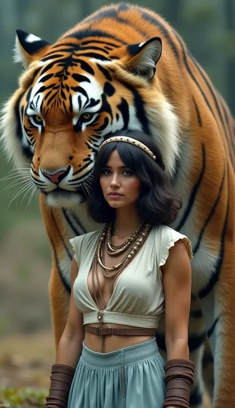 A very large saber tigress of substandard size, about 2 meters, is watching over her as if to protect her, leaning in close. The girl is of medium height and has short-cut dark brown hair. Her hair is long enough to fall over her forehead and is simple and...