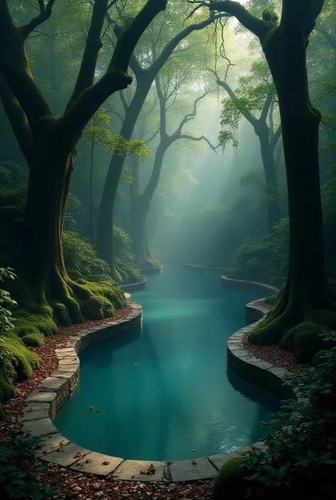 Swimming pool in middle of dark forest