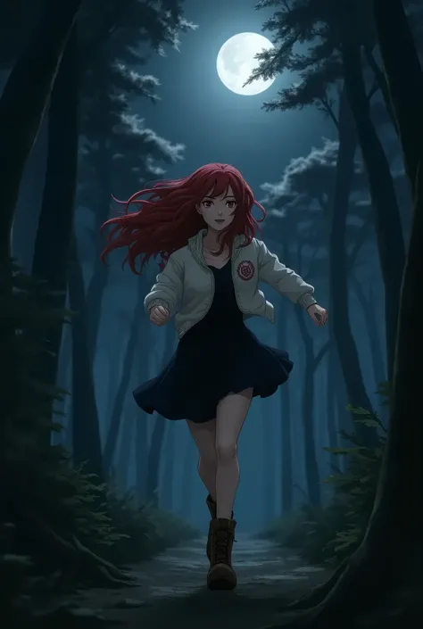 Uzumaki girl, running away from killers in the forest at night, she has long, red , wavy hairs,she is wearing white jacket,black knee-length dress,brown summer boots,she has a uzumaki clans symbol on her jacket.