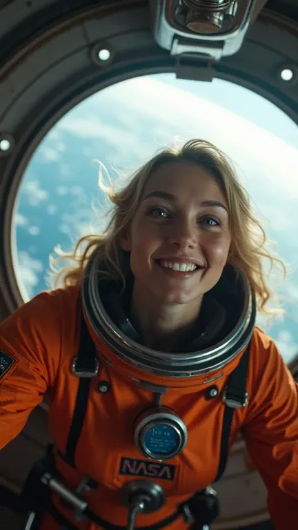 Hiperrealismo, alto detalle, iluminación cinematográfica, trazado de rayos, perspectiva, toma de frente, ultra alta definición, obra maestra, piel texturizada, 4K, mejor calidad .Helen Skelton, floating in zero gravity, smiling, moist skin, full figure, bu...