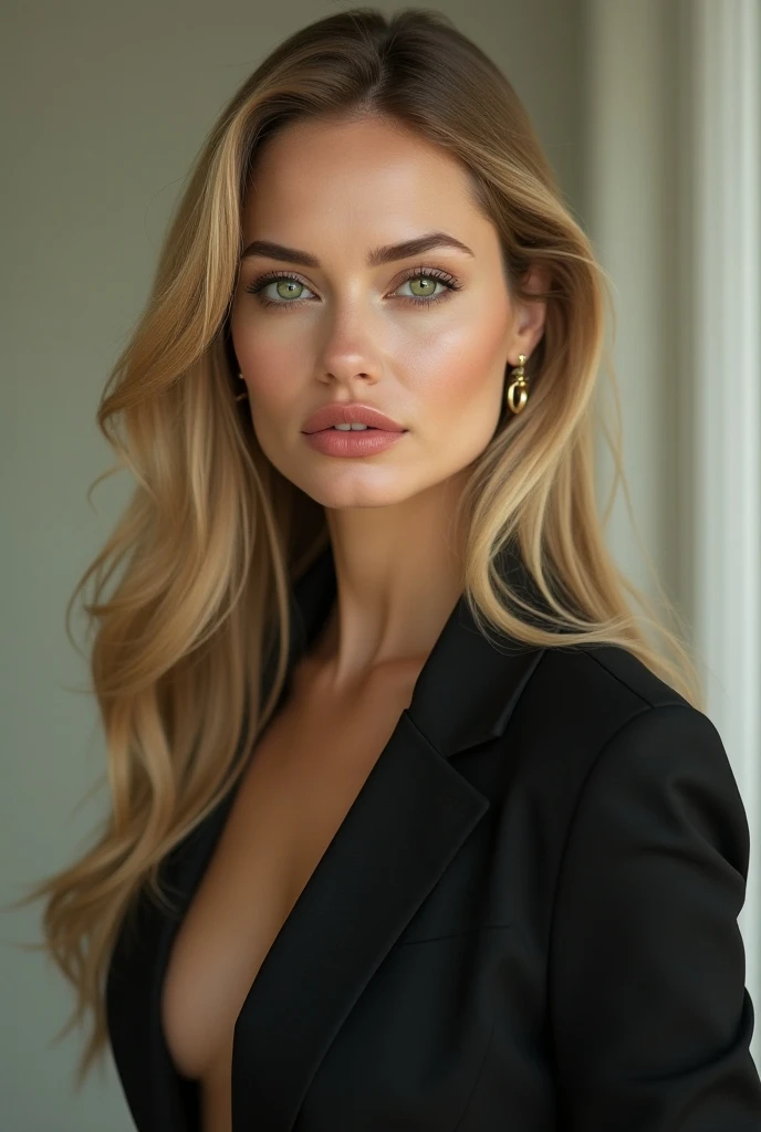 linda , high , blonde hair  , realistic , Latin American woman , green eyes , white ,  that looks like Angelina Joliet   , beautiful body , piel  súper white ,  full lips , Who is dressed as a businesswoman or secretary , imagen realistic ,  long hair , Th...