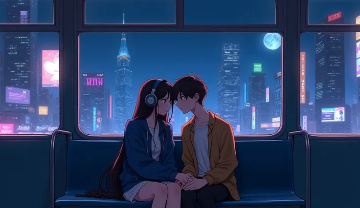 Generate image, Anime style, were inspired by the song "" IU and Suga 。It was night , a girl and a boy sharing headphones listening to music on the bus, there was a new moon outside , only the boys were watching 。。 in a cyberpunk setting 