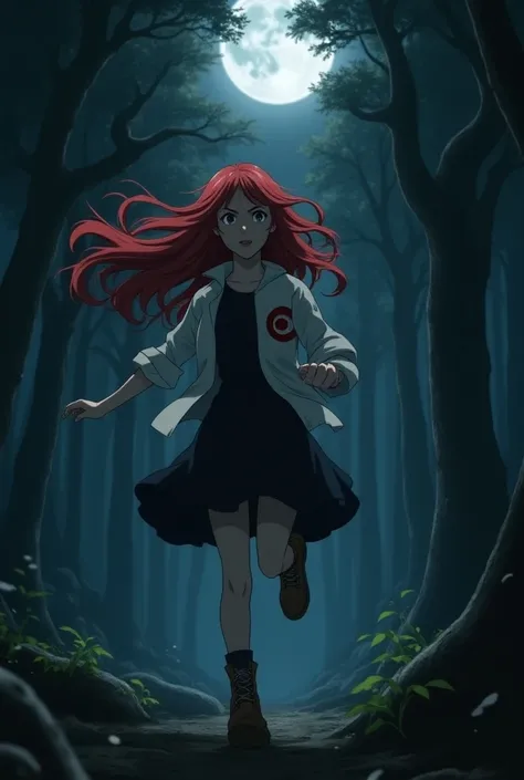 Uzumaki girl, running away from killers in the forest at night, she has long, red , wavy hairs,she is wearing white jacket,black knee-length dress,brown summer boots,she has a uzumaki clans symbol on her jacket.