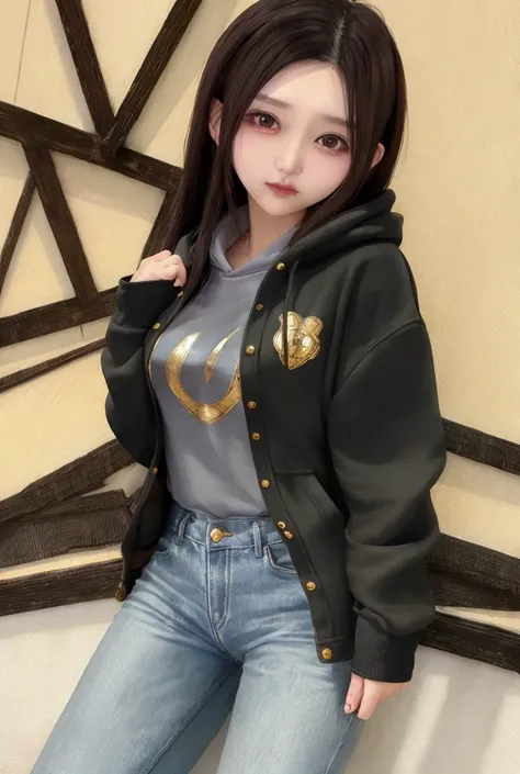  Japanese woman wearing gold hoodie and black denimギャル