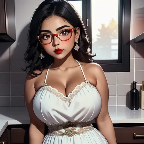 An adorable cute petite skinny slightly curvy chubby tan skin emo mexican teen, short wild volumetric hair, one wearing glasses, beautiful detailed brown eyes, cutely detailed lips, extremely cute detailed eyes and shy face, busty, voluptuous breasts, wide...